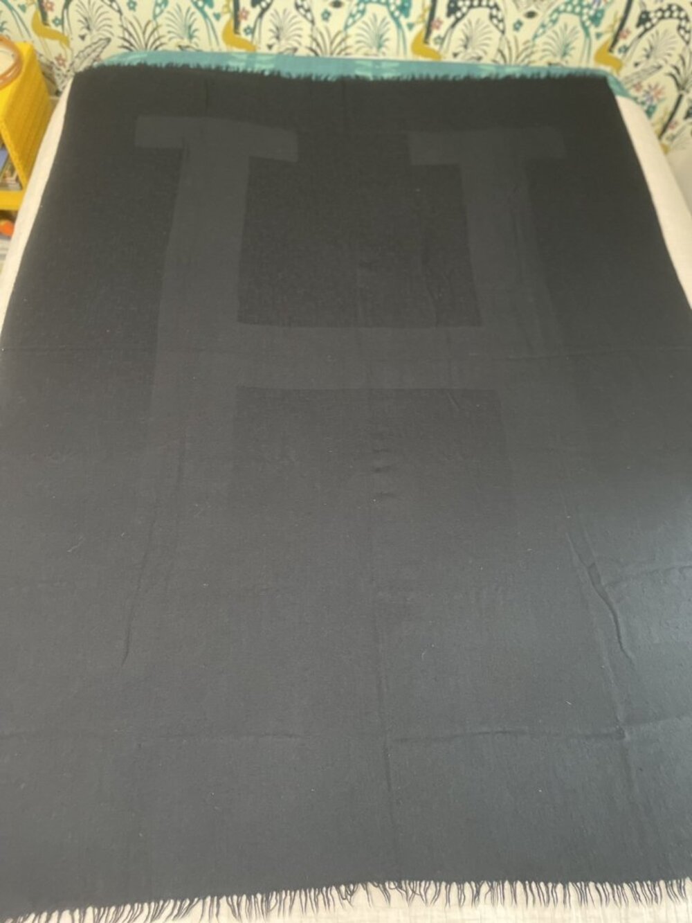 Hermes Cashmere Silk & Wool Large Blanket Shawl Throw Black Fringe 54x70 Large H - Picture 2 of 13